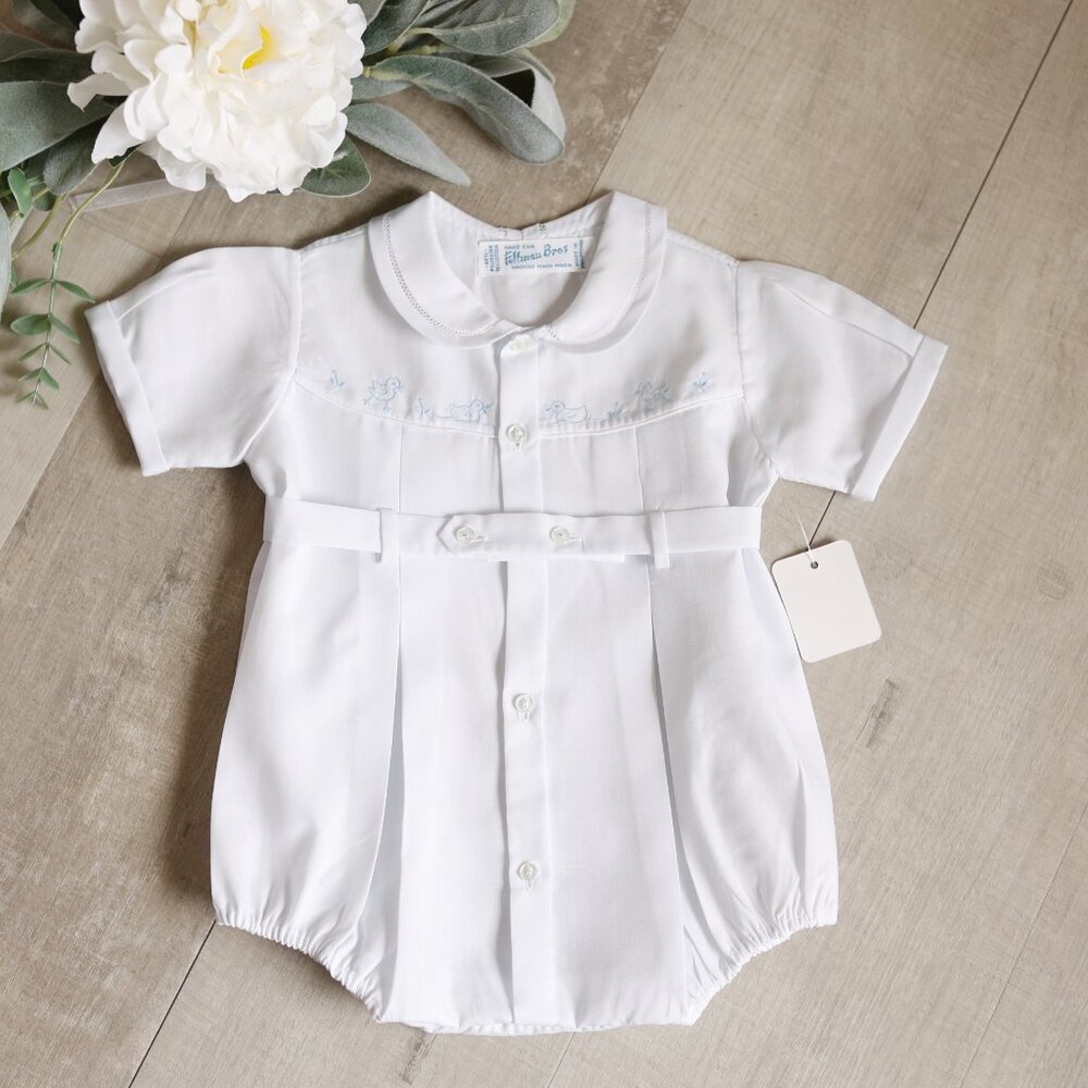White Feltman Brothers Heirloom Romper Belted Duck Embroidery Newborn NWT